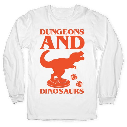 Dungeons and Dinosaurs Parody White Print Longsleeve Tee